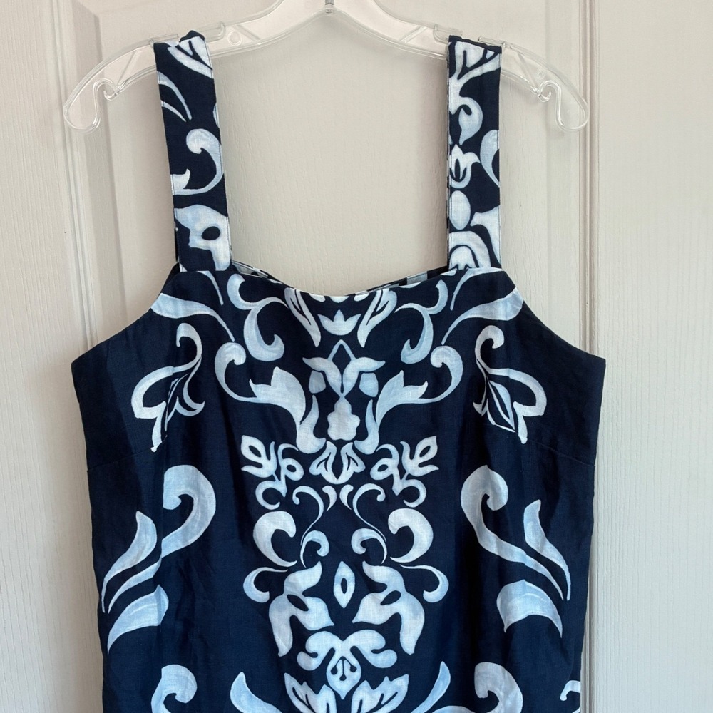 Talbots Navy Blue White Damask Linen Blend Square Neck Shift Dress Womens 14 NWT - Picture 4 of 11